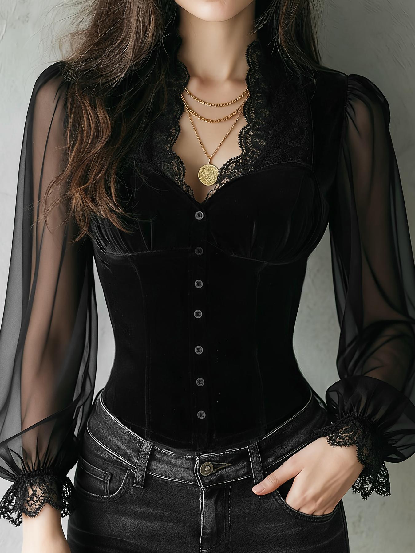 Summer Goth Clothing - Damska dopasowana bluzka z koronkowym wykończeniem,