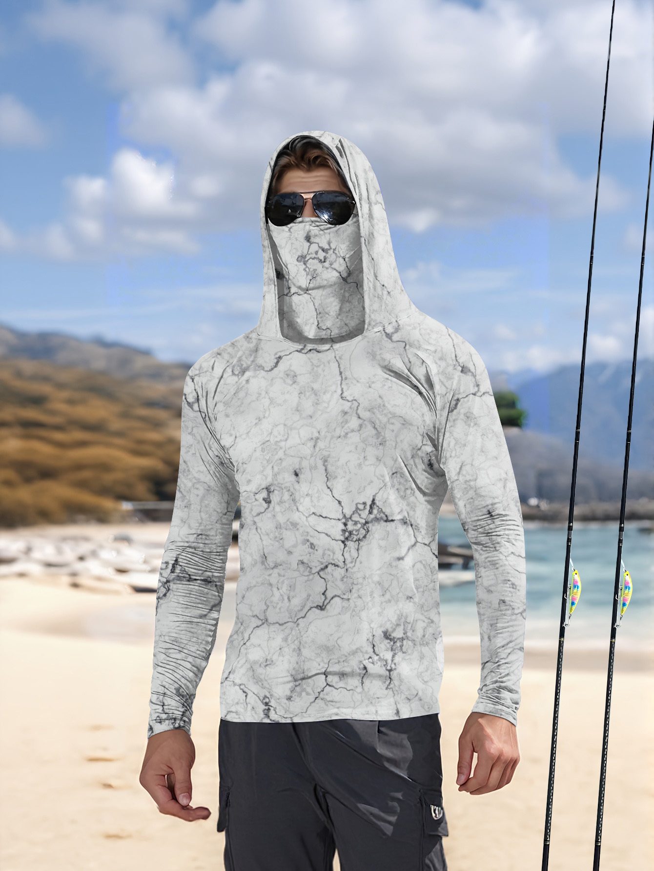 Summer Knit Clothing - Męska koszulka wędkarska z kapturem, długi