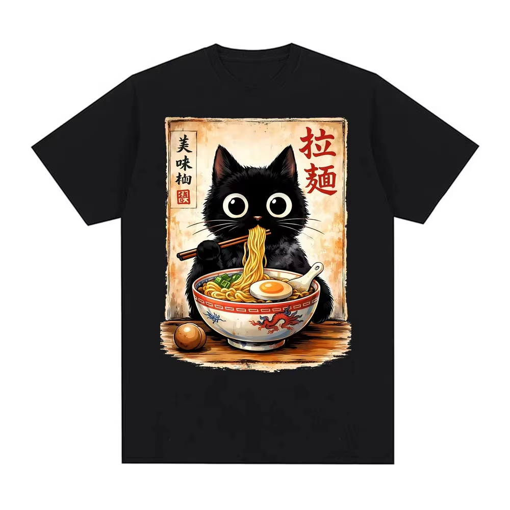 Summer Clothing Essentials Men - Koszulka 2026 Kawaii Ramen Cat Retro